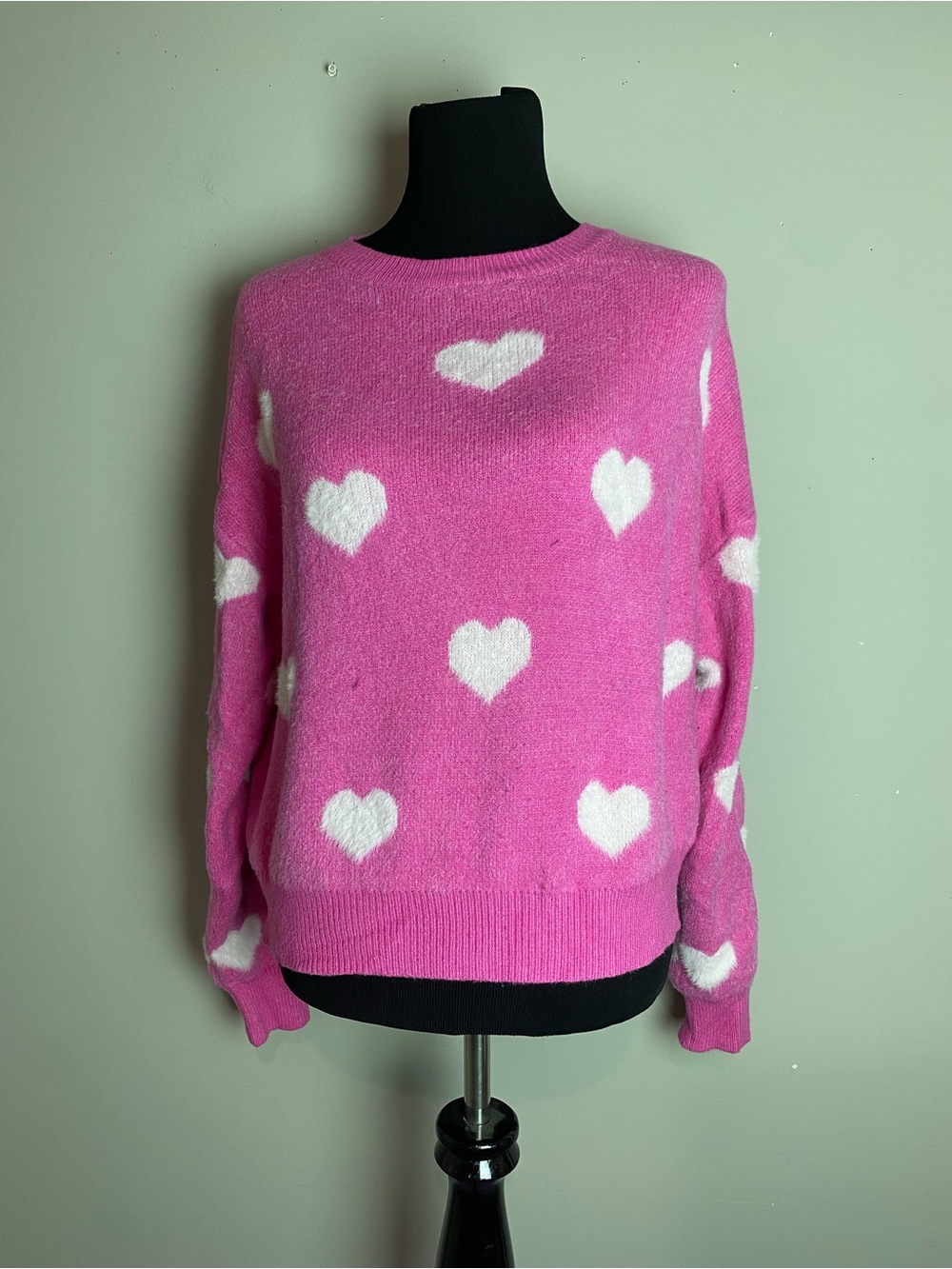 Altar'd State Pink Crewneck Sweater with White Hearts